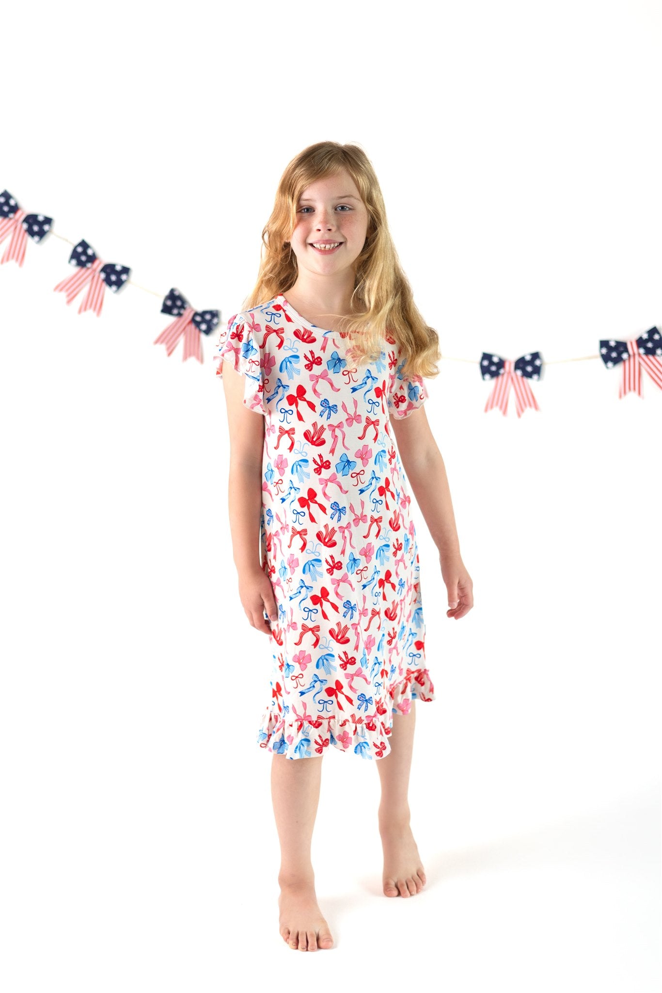Red, White, & Blue Nightgown | Patriotic Bows Girls Bamboo Nightgown